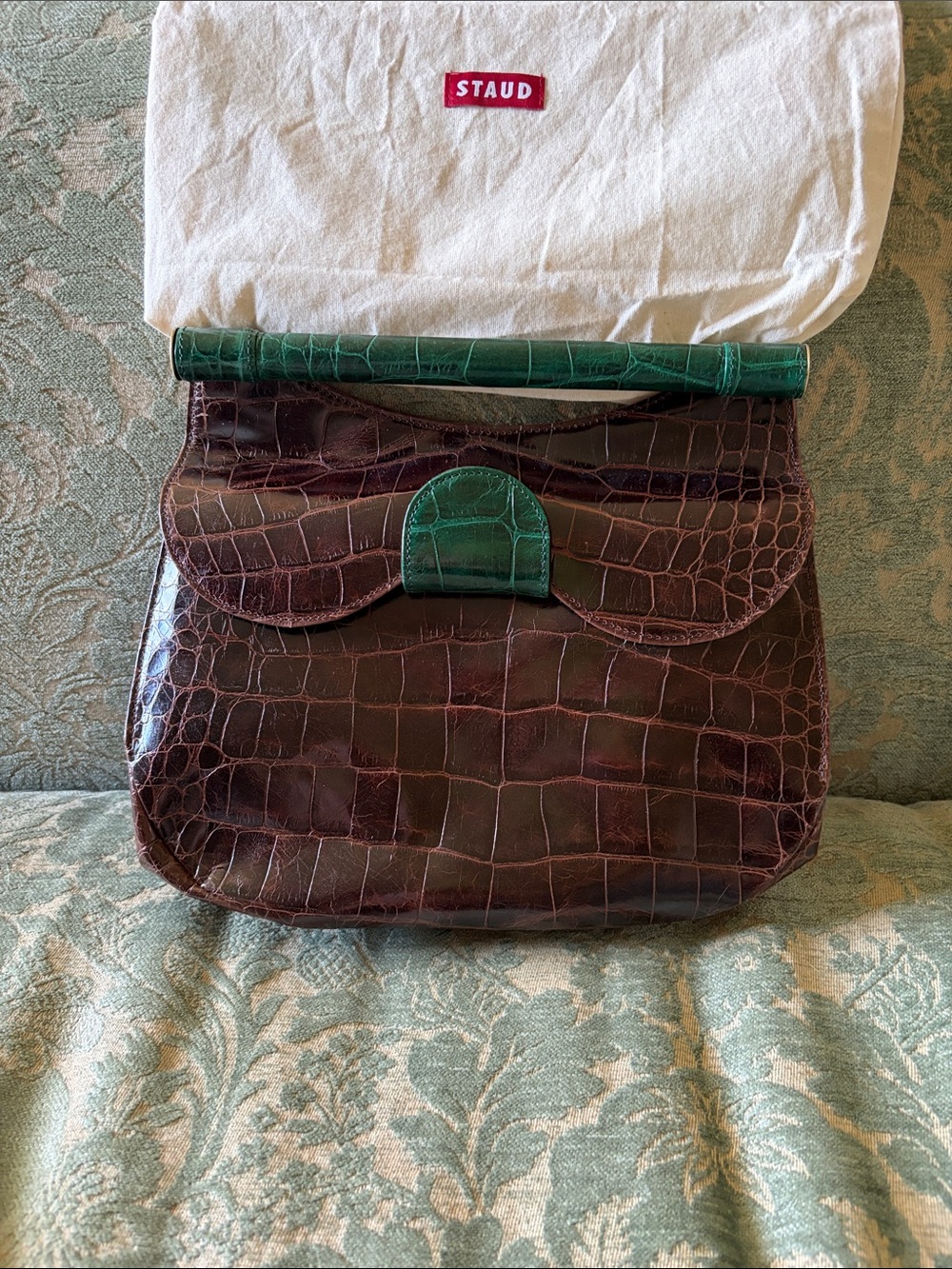 STAUD Brown Croc-Embossed Shoulder Bag with Green Trim